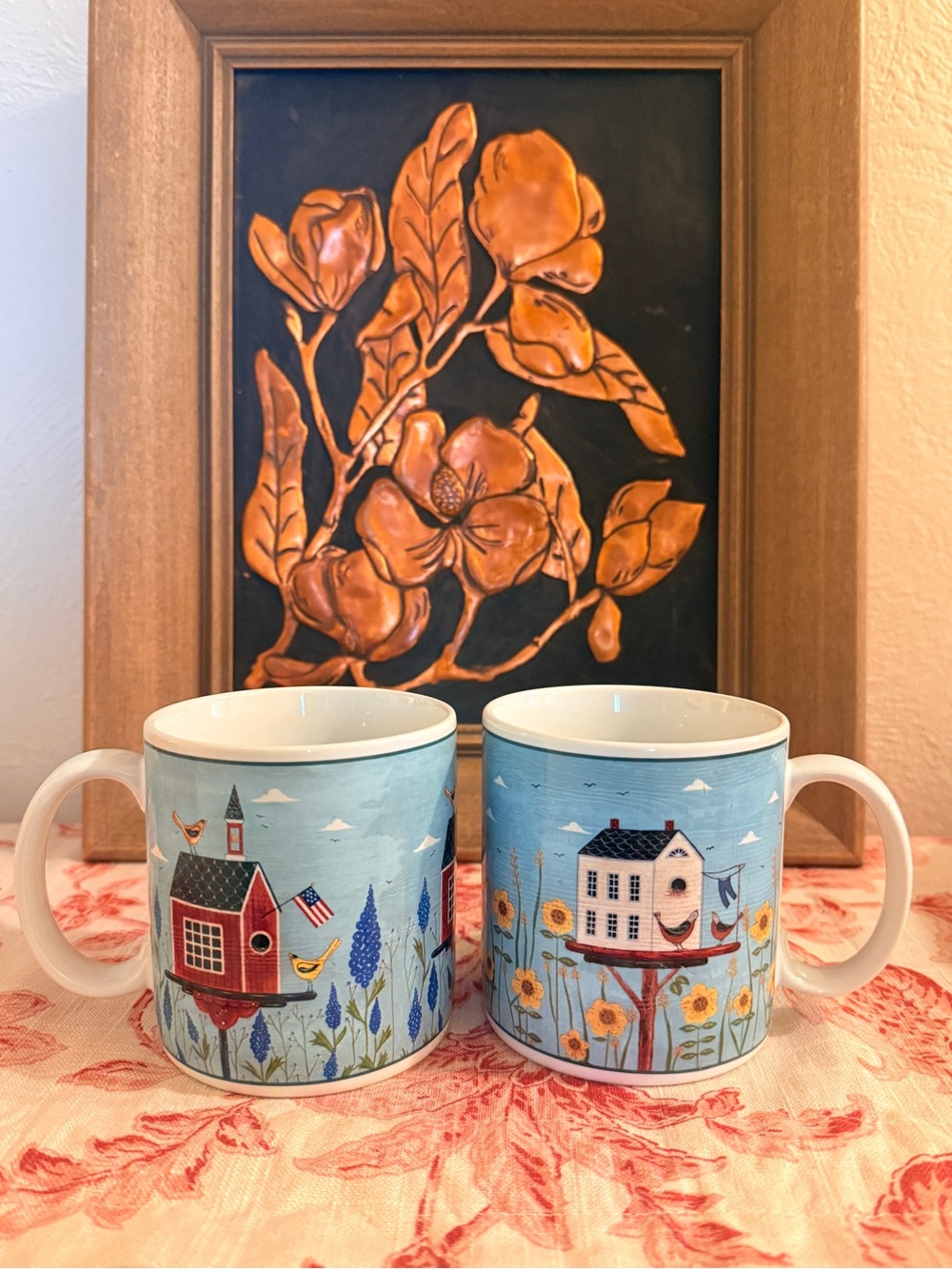 Warren Kimble Sakura 'Birdhouse' Stoneware Mugs Y2K -2000 - Set of 2 Americana